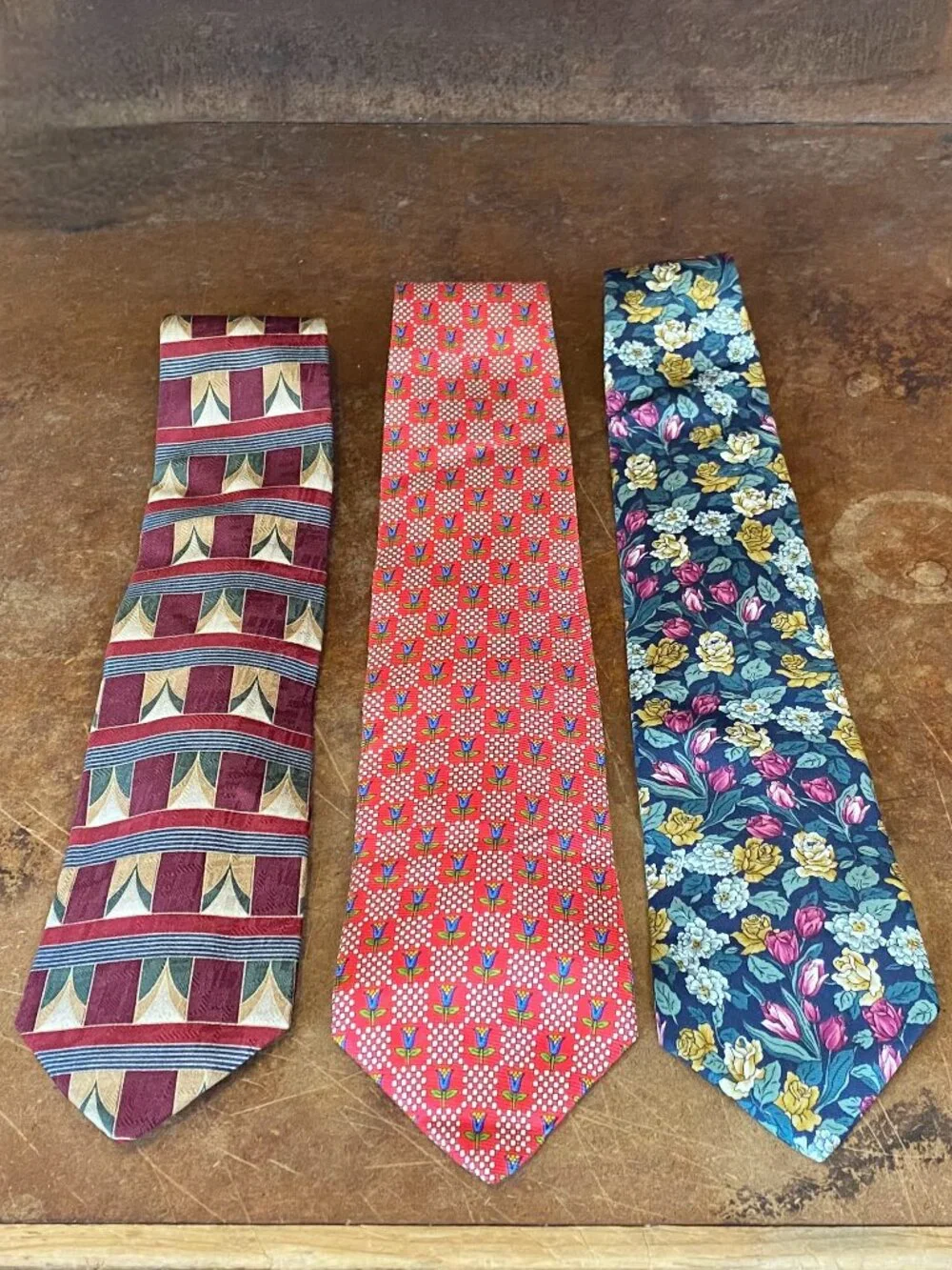 LOT of THREE Ties Lands End Silk Flowers Tulips Paisley Vintage Tie Made in USA